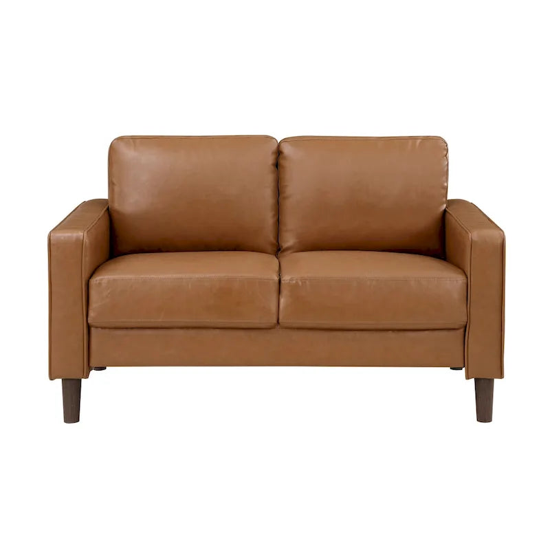 Divanetto Stark da 54 Inch, similpelle marrone, braccioli in stile lineare, legno massello