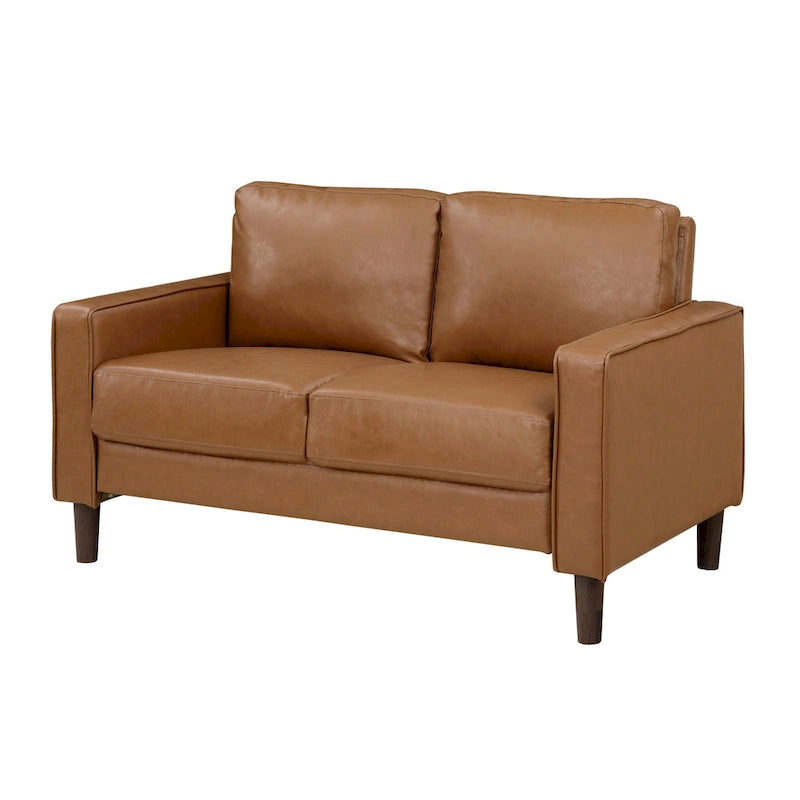 Divanetto Stark da 54 Inch, similpelle marrone, braccioli in stile lineare, legno massello