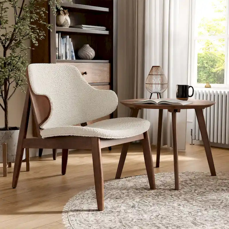 Ensemble 2 pièces de fauteuil d’appoint et table Beck en noyer, style mi-siècle, bouclé et dossier enveloppant, de Furniture of America