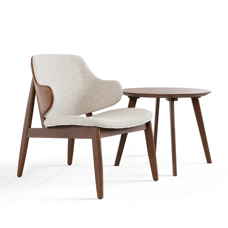 Ensemble 2 pièces de fauteuil d’appoint et table Beck en noyer, style mi-siècle, bouclé et dossier enveloppant, de Furniture of America