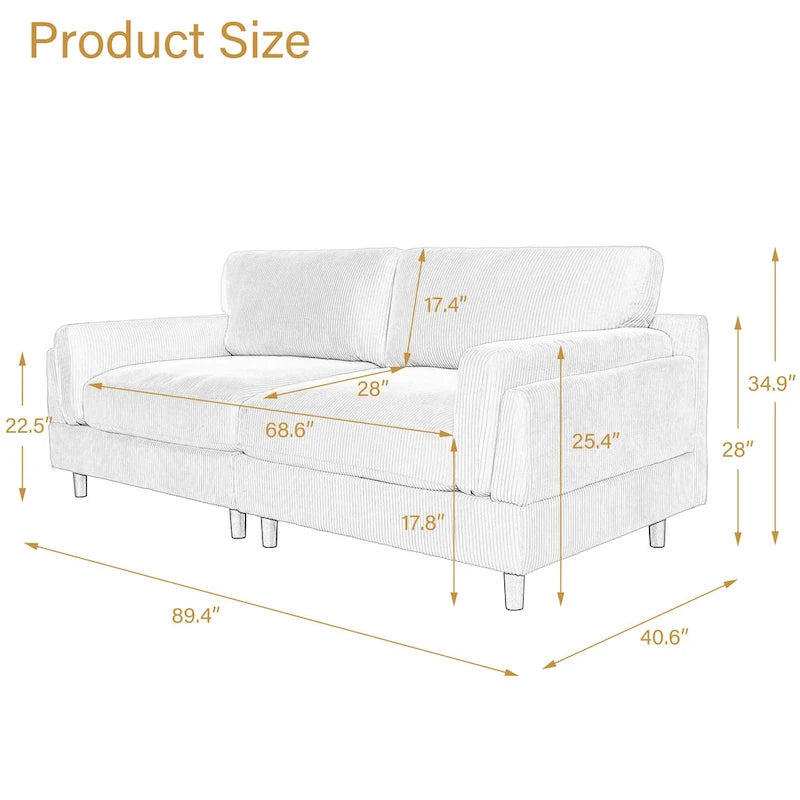 Oversized ribfluwelen woonkamerbank van 90 inch met omkeerbare kussens