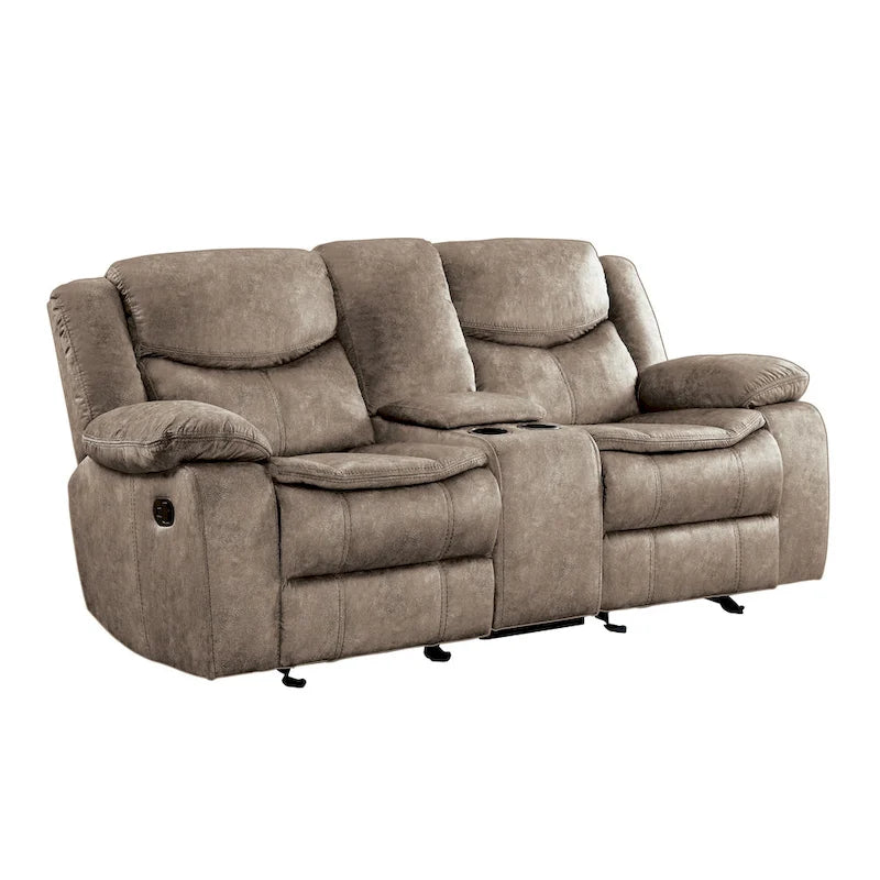 Joe, 79-calowa ręcznie rozkładana sofa dwuosobowa z dwoma fotelami ślizgowymi, konsolą, brązowa, z mikrofibry
