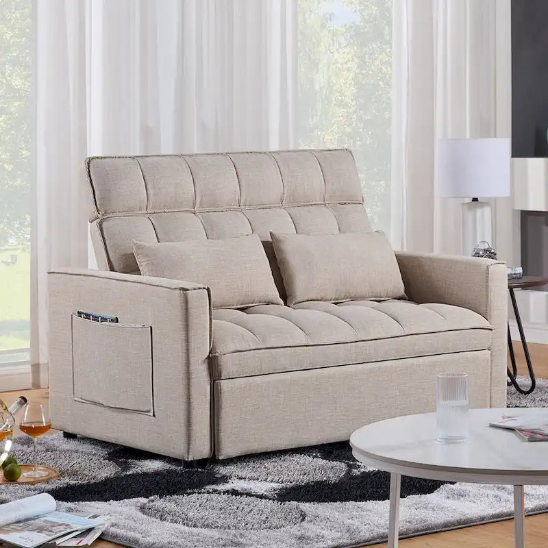 Nowoczesna rozkładana sofa dwuosobowa o długości 76.5, z pikowanym obiciem, funkcją spania i rozkładanym siedziskiem