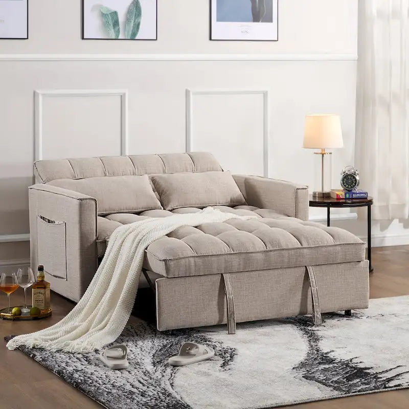 Nowoczesna rozkładana sofa dwuosobowa o długości 76.5, z pikowanym obiciem, funkcją spania i rozkładanym siedziskiem