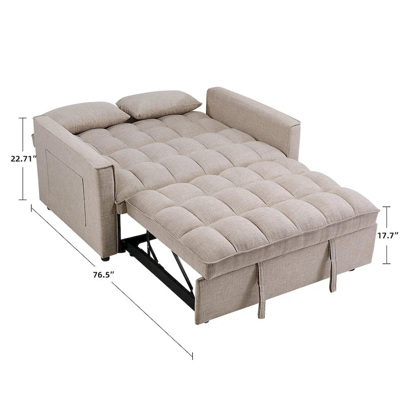 Nowoczesna rozkładana sofa dwuosobowa o długości 76.5, z pikowanym obiciem, funkcją spania i rozkładanym siedziskiem