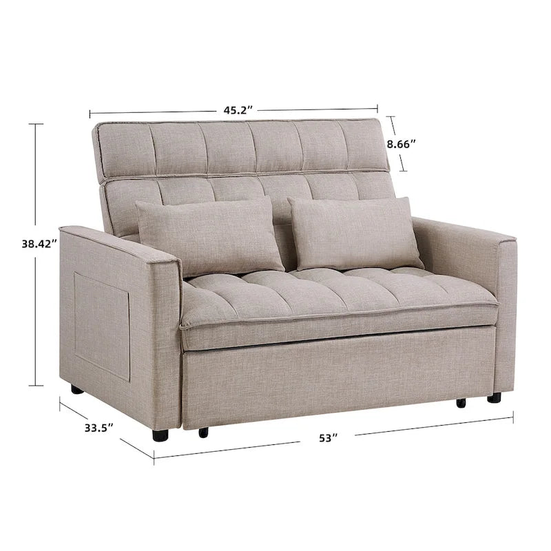 Nowoczesna rozkładana sofa dwuosobowa o długości 76.5, z pikowanym obiciem, funkcją spania i rozkładanym siedziskiem