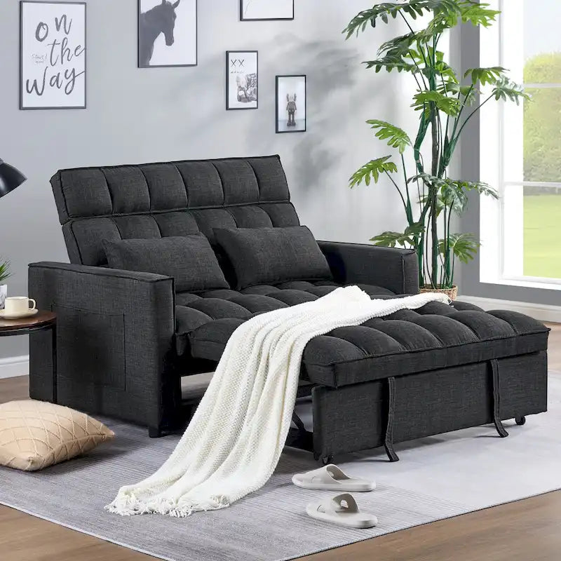 Nowoczesna rozkładana sofa dwuosobowa o długości 76.5, z pikowanym obiciem, funkcją spania i rozkładanym siedziskiem