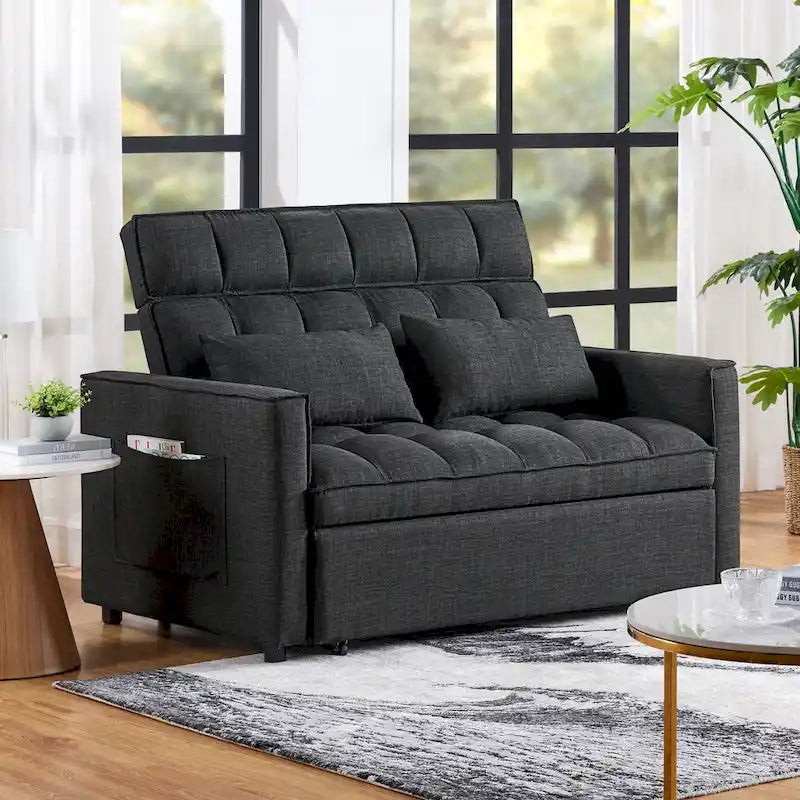 Nowoczesna rozkładana sofa dwuosobowa o długości 76.5, z pikowanym obiciem, funkcją spania i rozkładanym siedziskiem