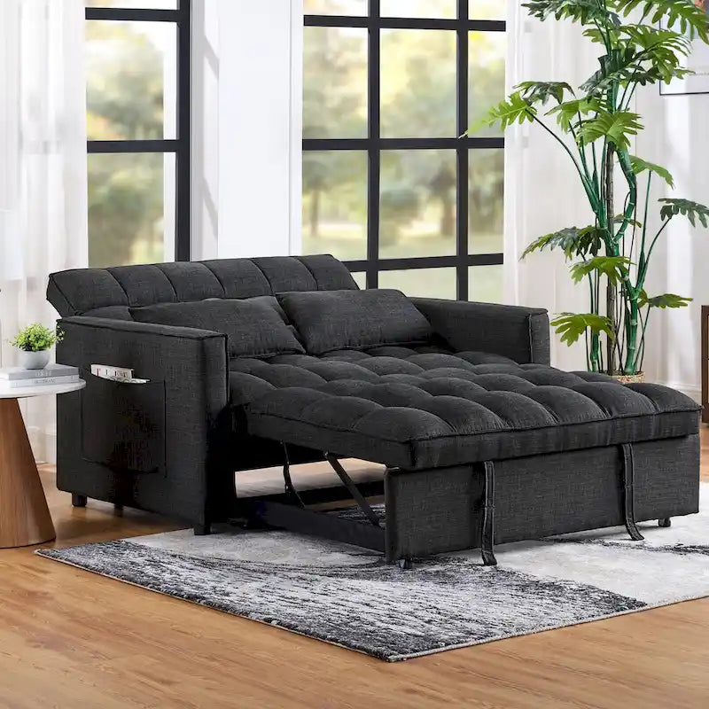 Nowoczesna rozkładana sofa dwuosobowa o długości 76.5, z pikowanym obiciem, funkcją spania i rozkładanym siedziskiem