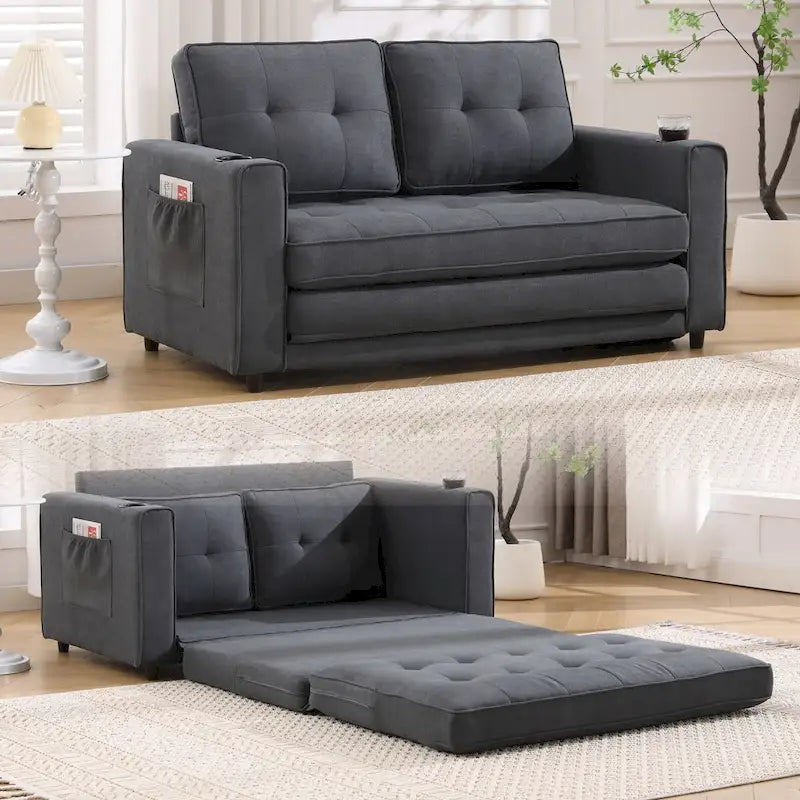 Canapé futon Oaks Aura rembourré avec couchage escamotable, canapé deux places capitonné pliable avec porte-gobelet, choix de couleurs