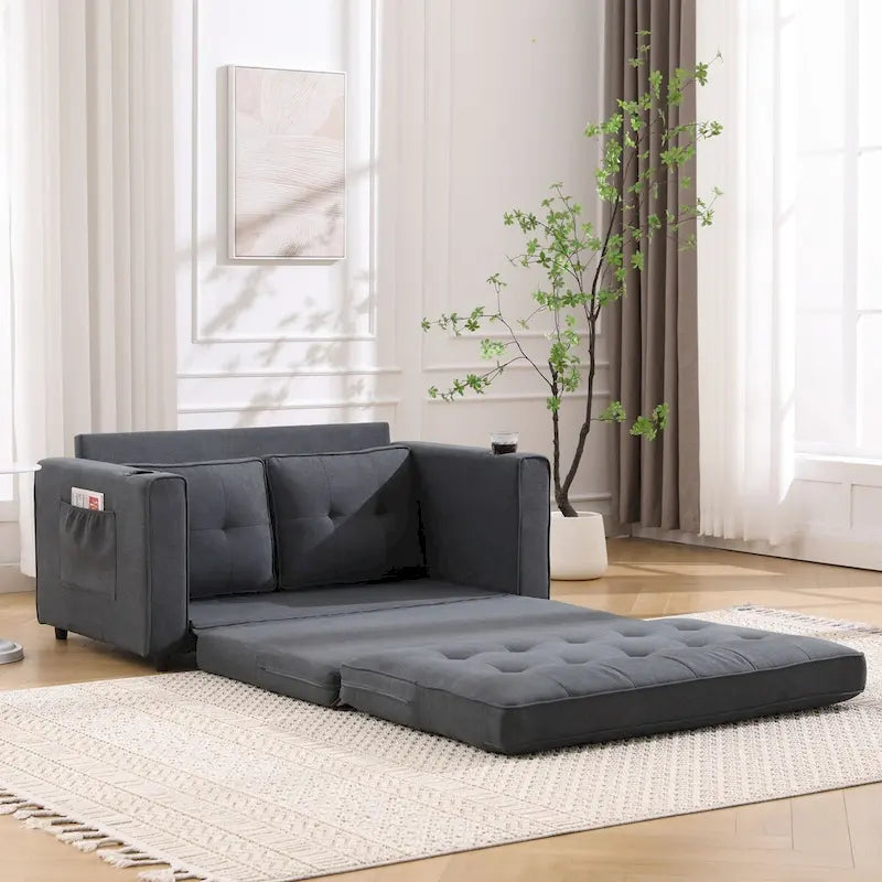 Canapé futon Oaks Aura rembourré avec couchage escamotable, canapé deux places capitonné pliable avec porte-gobelet, choix de couleurs