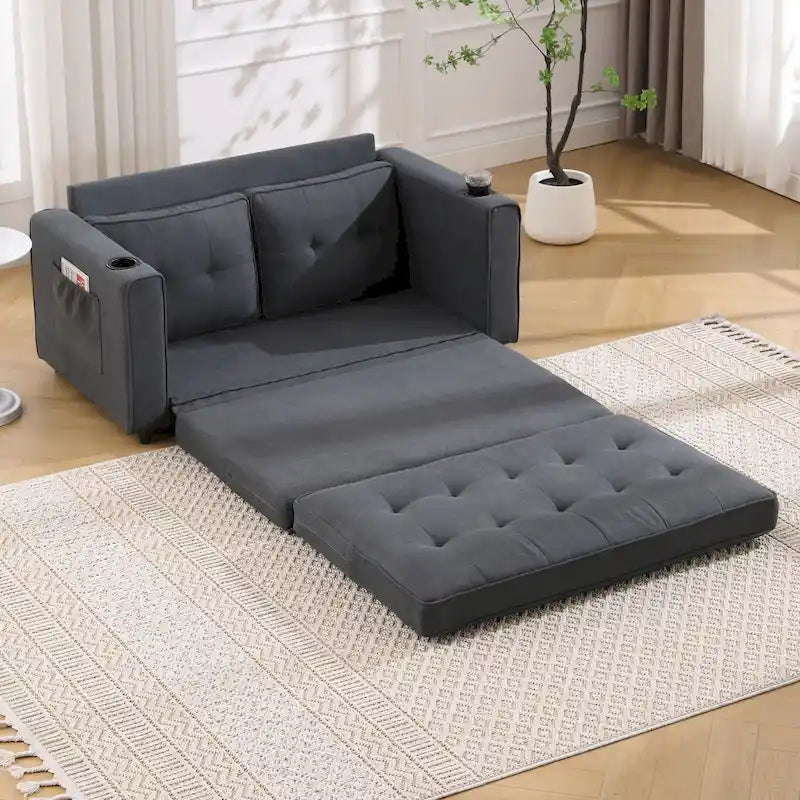 Canapé futon Oaks Aura rembourré avec couchage escamotable, canapé deux places capitonné pliable avec porte-gobelet, choix de couleurs