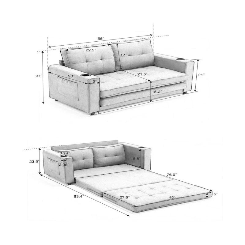 Canapé futon Oaks Aura rembourré avec couchage escamotable, canapé deux places capitonné pliable avec porte-gobelet, choix de couleurs