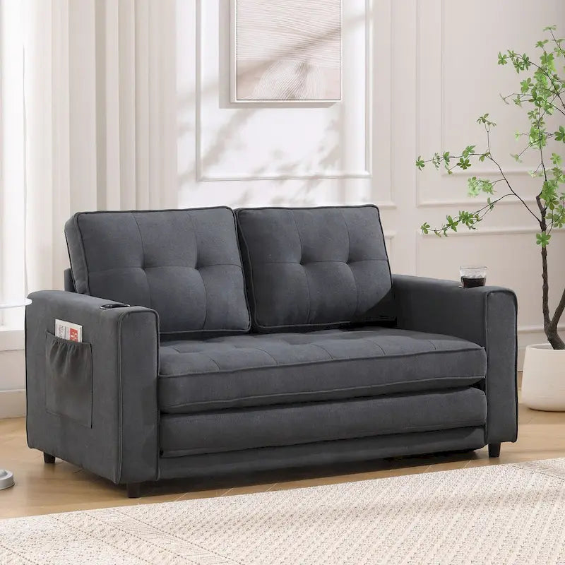 Canapé futon Oaks Aura rembourré avec couchage escamotable, canapé deux places capitonné pliable avec porte-gobelet, choix de couleurs