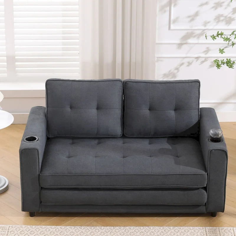 Canapé futon Oaks Aura rembourré avec couchage escamotable, canapé deux places capitonné pliable avec porte-gobelet, choix de couleurs