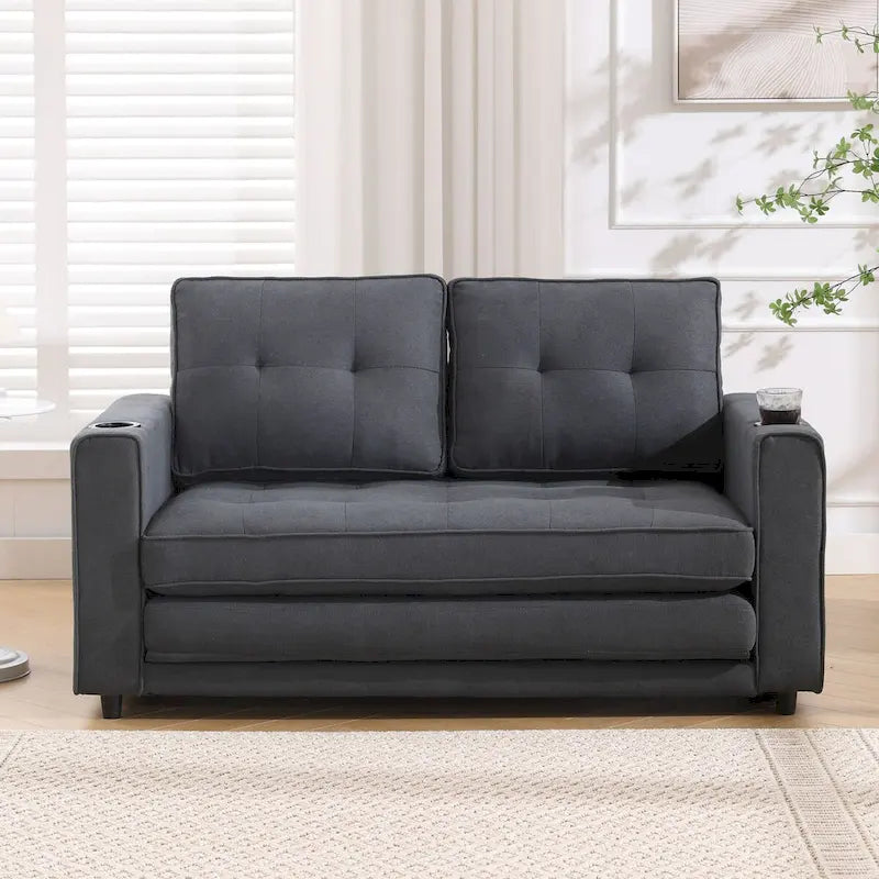 Canapé futon Oaks Aura rembourré avec couchage escamotable, canapé deux places capitonné pliable avec porte-gobelet, choix de couleurs