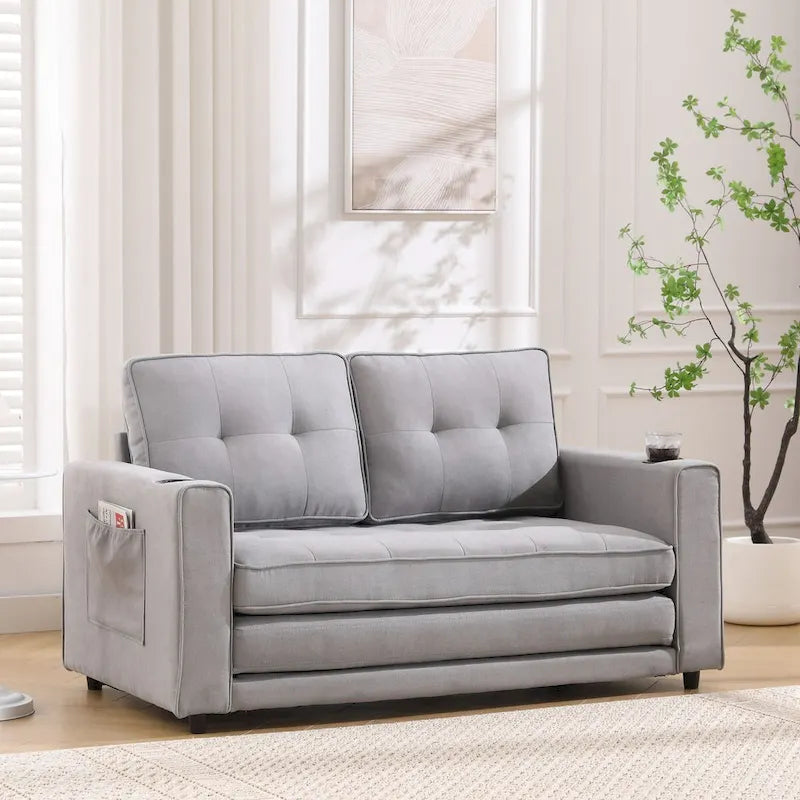 Canapé futon Oaks Aura rembourré avec couchage escamotable, canapé deux places capitonné pliable avec porte-gobelet, choix de couleurs