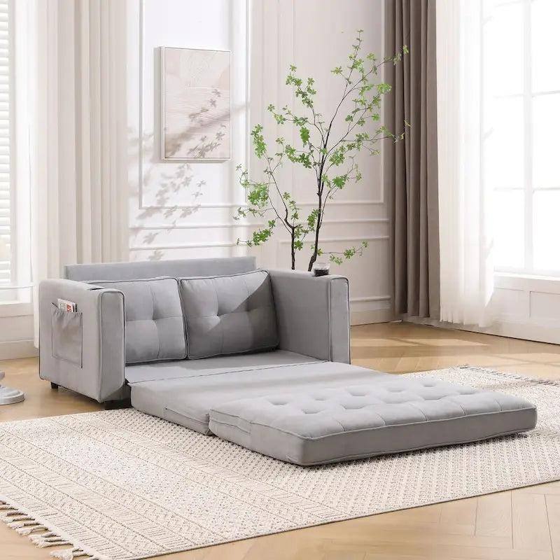 Canapé futon Oaks Aura rembourré avec couchage escamotable, canapé deux places capitonné pliable avec porte-gobelet, choix de couleurs