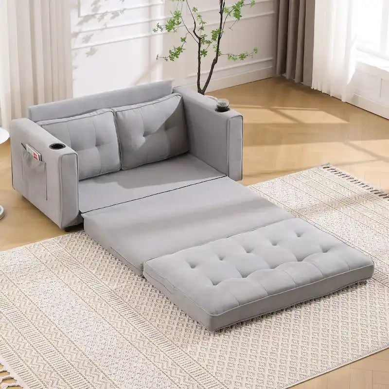 Canapé futon Oaks Aura rembourré avec couchage escamotable, canapé deux places capitonné pliable avec porte-gobelet, choix de couleurs