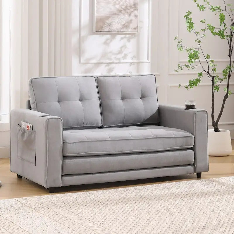 Canapé futon Oaks Aura rembourré avec couchage escamotable, canapé deux places capitonné pliable avec porte-gobelet, choix de couleurs