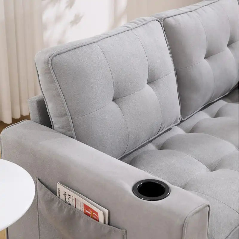 Canapé futon Oaks Aura rembourré avec couchage escamotable, canapé deux places capitonné pliable avec porte-gobelet, choix de couleurs