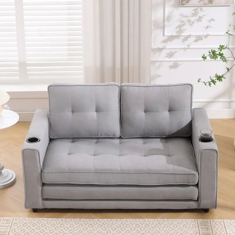 Canapé futon Oaks Aura rembourré avec couchage escamotable, canapé deux places capitonné pliable avec porte-gobelet, choix de couleurs