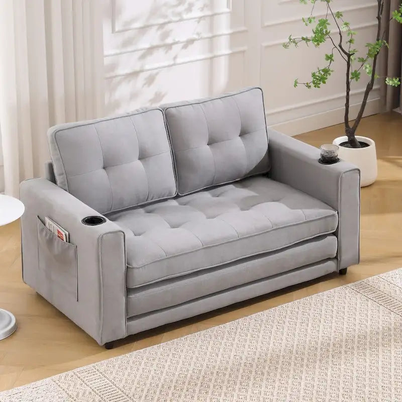 Canapé futon Oaks Aura rembourré avec couchage escamotable, canapé deux places capitonné pliable avec porte-gobelet, choix de couleurs