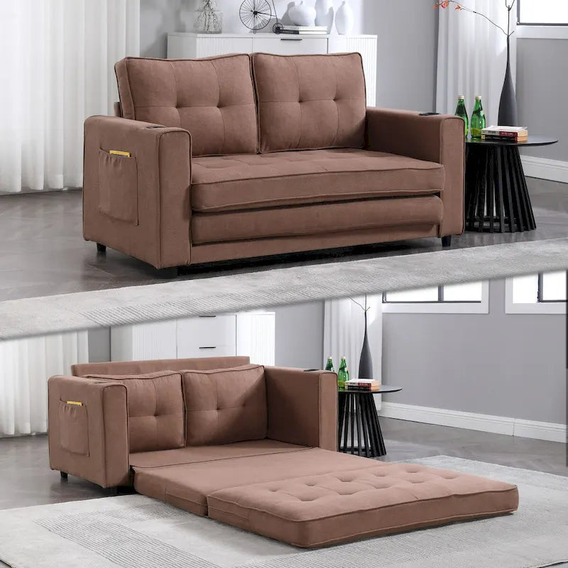 Canapé futon Oaks Aura rembourré avec couchage escamotable, canapé deux places capitonné pliable avec porte-gobelet, choix de couleurs