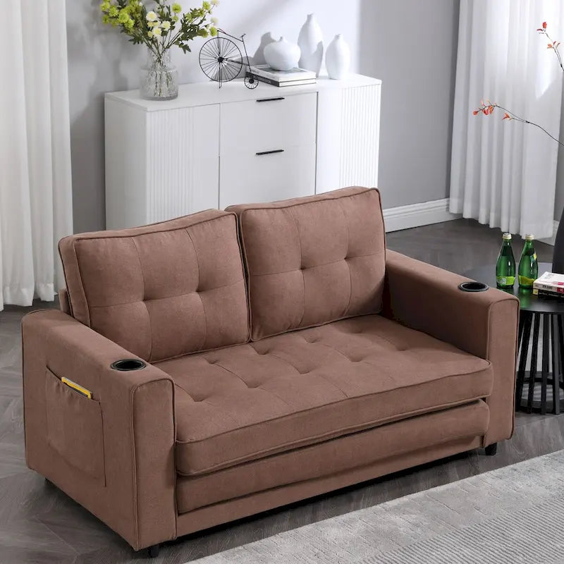 Canapé futon Oaks Aura rembourré avec couchage escamotable, canapé deux places capitonné pliable avec porte-gobelet, choix de couleurs