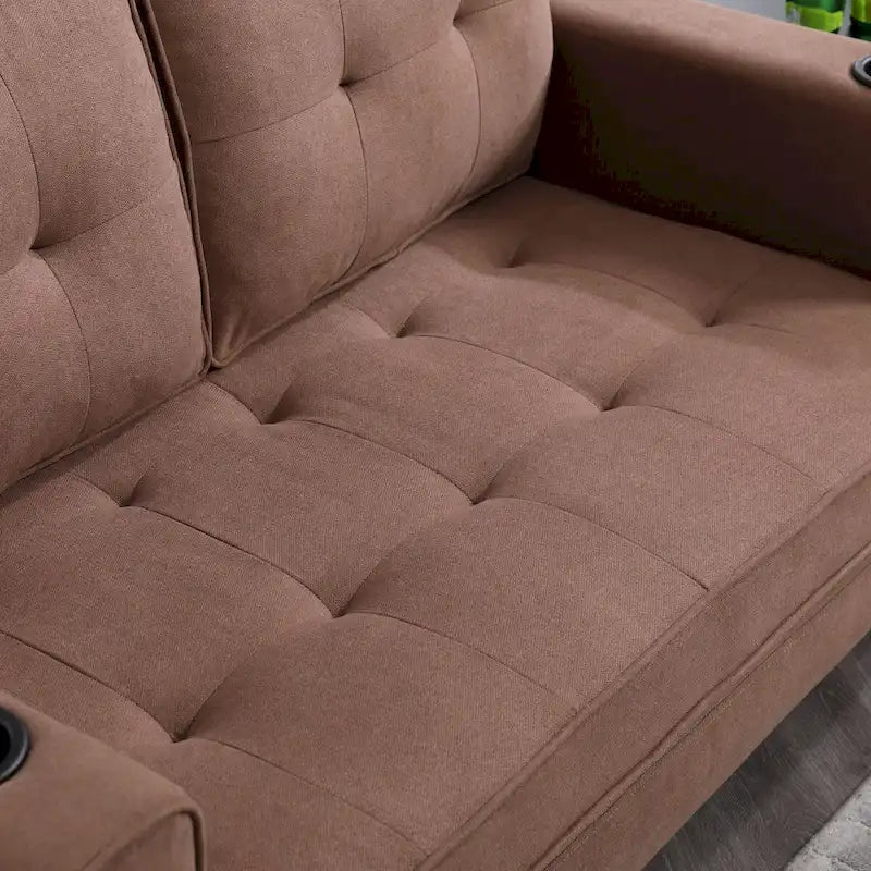 Canapé futon Oaks Aura rembourré avec couchage escamotable, canapé deux places capitonné pliable avec porte-gobelet, choix de couleurs